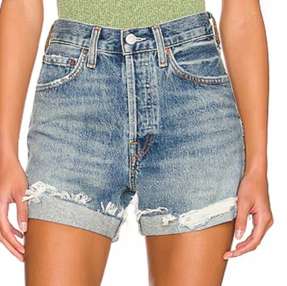 Agolde Pants - Agolde High Waist Distressed Denim Shorts in Light Blue